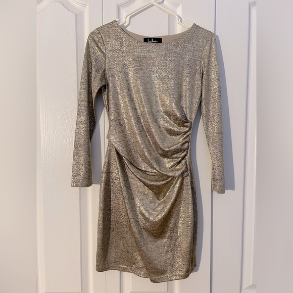 Lulus | Luxe of my life Gold Stretchy dress 3/4 sleeves - Picture 5 of 9